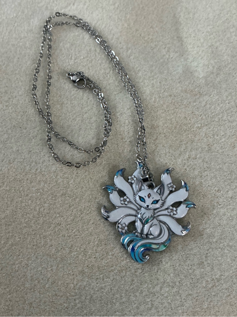 Whimsical White & Blue Fox Pendant Necklace - 22”
